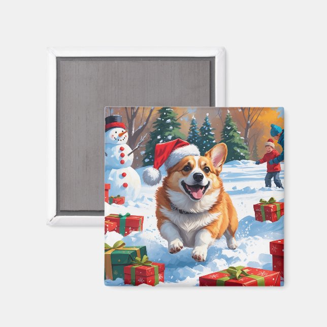 Corgi Running in Snow with Christmas Hat Magnet (Front/Back)