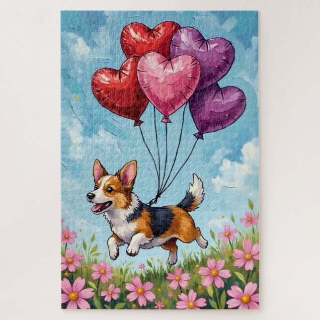Corgi Running with Valentine's Heart Balloons Jigsaw Puzzle (Vertical)