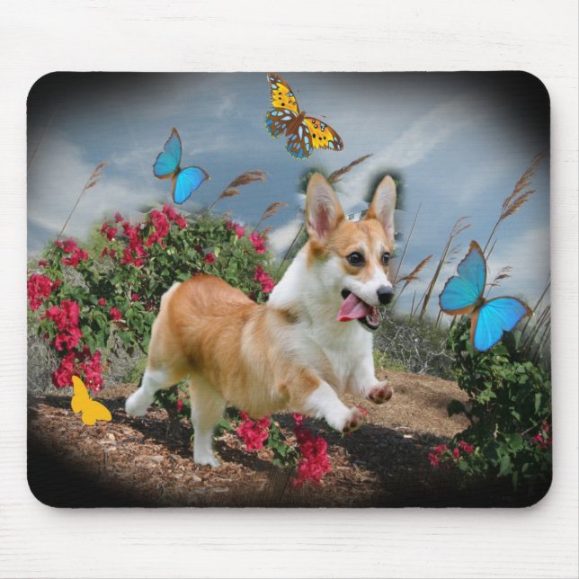 Corgi Runs With Butterflies Mouse Mat (Front)