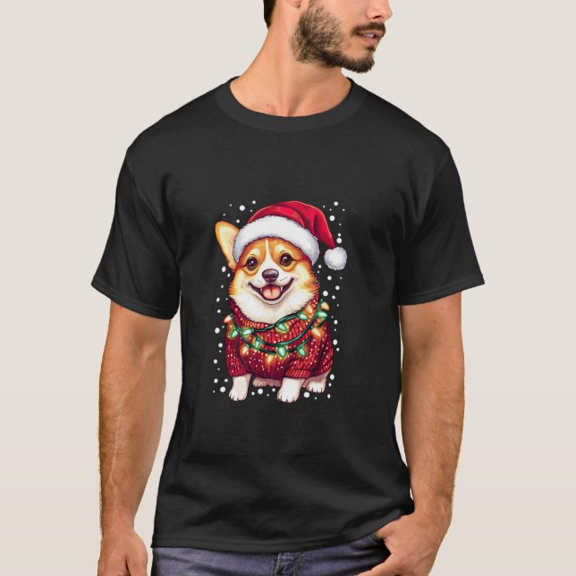 Corgi Santa Christmas Lights Xmas Dog Lover Merry  T-Shirt (Front)