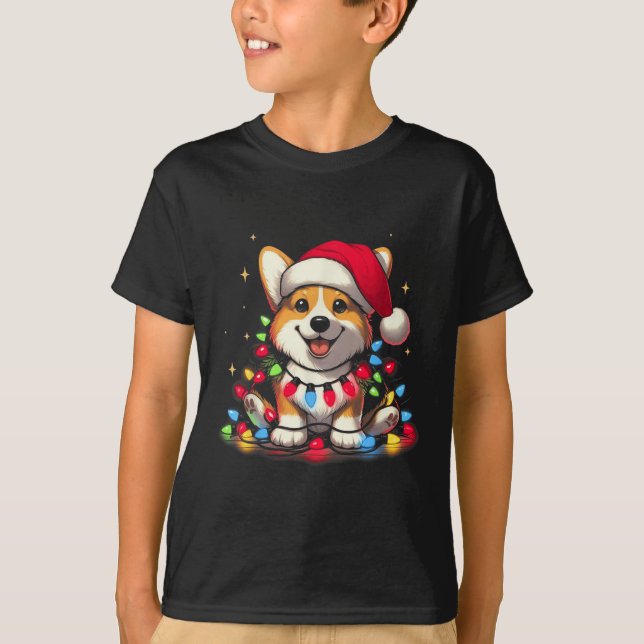 Corgi Santa Christmas Tree Lights Boys Men Corgmas T-Shirt (Front)