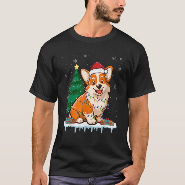 Corgi Santa Christmas Tree Lights Xmas Boys Men Co T-Shirt (Front)