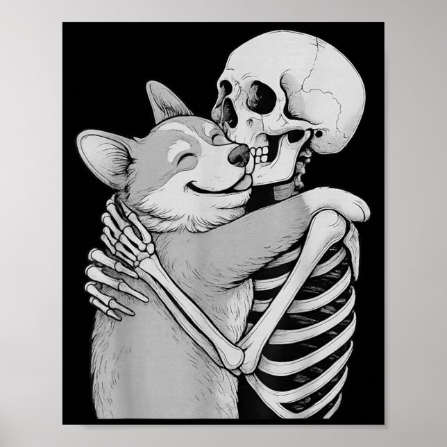 Corgi Skeleton Hug Halloween Dog Lover Poster (Front)