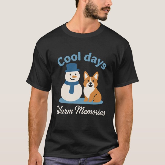 Corgi Snowman Friends Warm Coffee Cute Winter Snow T-Shirt (Front)