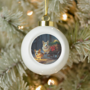 Corgi Snowy Sleigh Christmas Decor Ceramic Ball Christmas Ornament