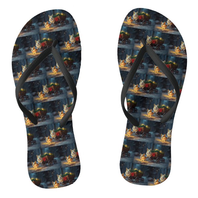 Corgi Snowy Sleigh Christmas Decor  Flip Flops (Footbed)