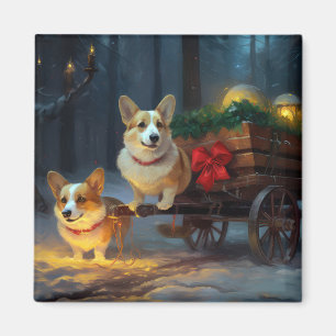 Corgi Snowy Sleigh Christmas Decor Magnet