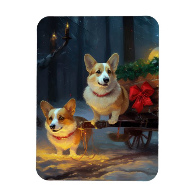 Corgi Snowy Sleigh Christmas Decor  Magnet (Vertical)