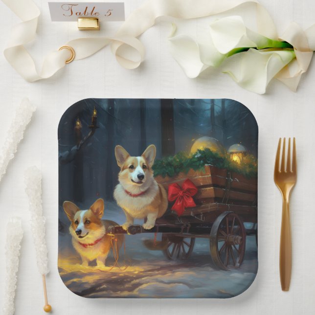 Corgi Snowy Sleigh Christmas Decor  Paper Plate (Wedding)