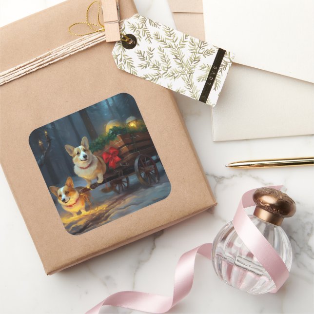 Corgi Snowy Sleigh Christmas Decor  Square Sticker (Gifting)