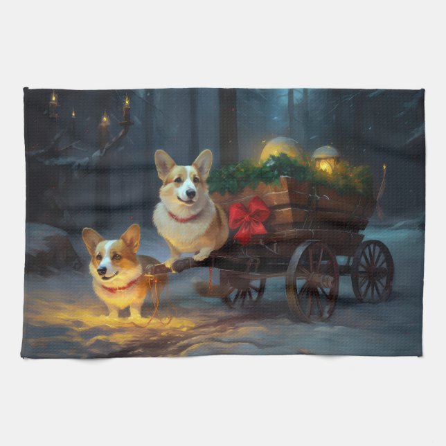 Corgi Snowy Sleigh Christmas Decor  Tea Towel (Horizontal)