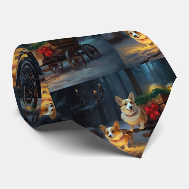 Corgi Snowy Sleigh Christmas Decor  Tie (Rolled)
