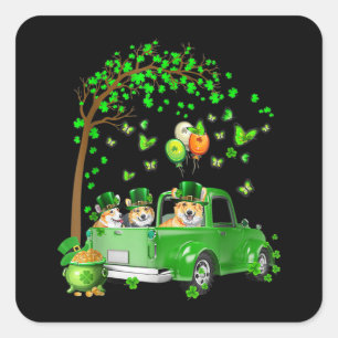 Corgi St Patricks Day Green Truck Under The Tree Square Sticker