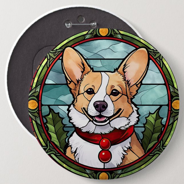 Corgi Stained Glass Christmas 6 Cm Round Badge (Front & Back)