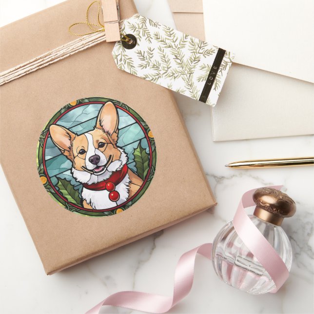 Corgi Stained Glass Christmas Classic Round Sticker (Gifting)