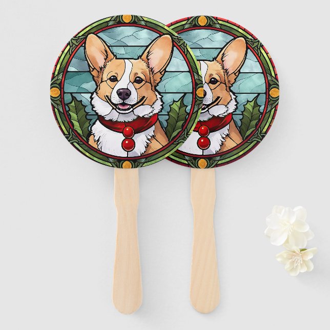 Corgi Stained Glass Christmas Hand Fan (Front and Back)