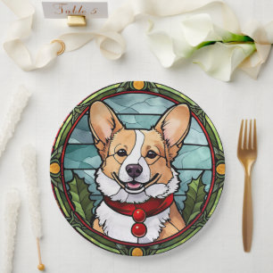 Corgi Stained Glass Christmas Paper Plate