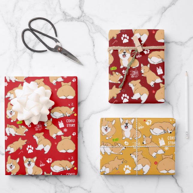 Corgi Story Christmas Holiday Wrapping Paper Sheet (Front)