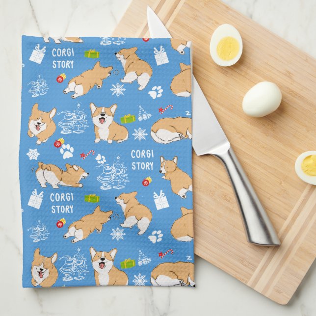 Corgi Story Christmas Tea Towel (Quarter Fold)