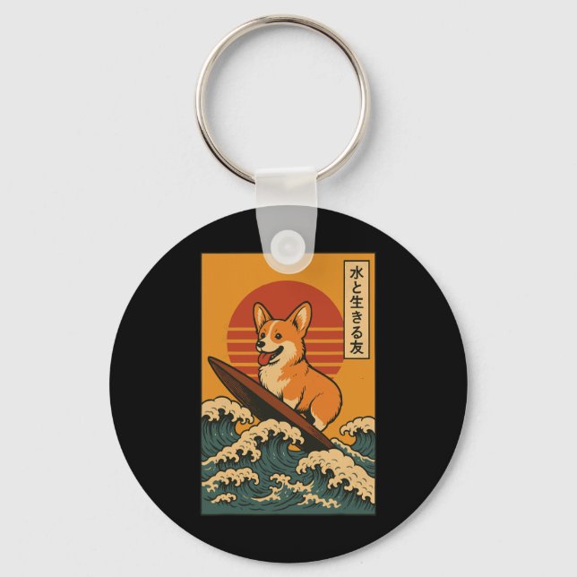 Corgi Surfing Japanese  Key Ring (Front)