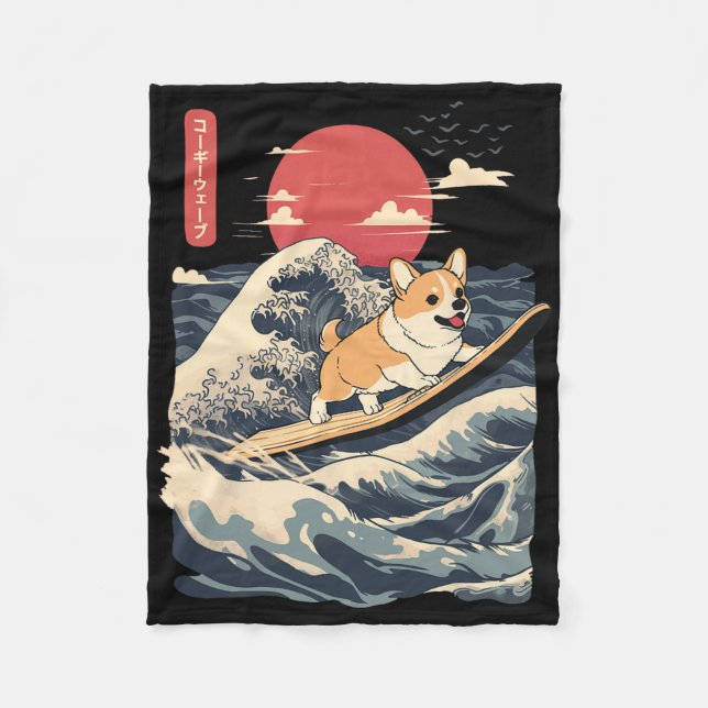 Corgi Surfing Japanese Wave _2  Fleece Blanket (Front)