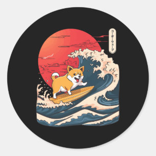 Corgi Surfing Japanese Wave _4 Classic Round Sticker