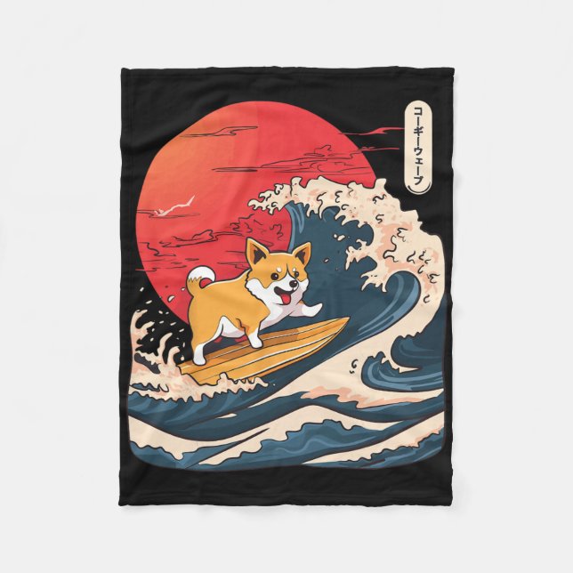 Corgi Surfing Japanese Wave _4  Fleece Blanket (Front)