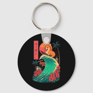 Corgi Surfing Japanese Wave Key Ring