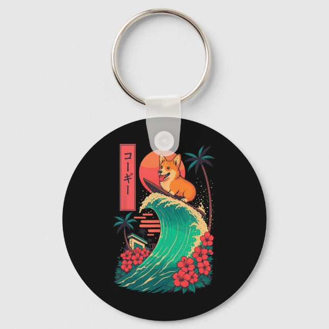 Corgi Surfing Japanese Wave  Key Ring (Front)