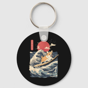 Corgi Surfing Japanese Wave Key Ring
