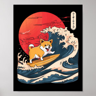 Corgi Surfing Japanese Wave  Poster