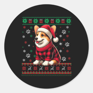 Corgi Ugly Christmas Funny Santa Hat Buffalo Plaid Classic Round Sticker