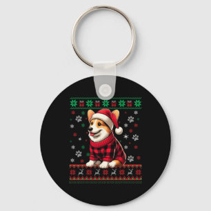 Corgi Ugly Christmas Funny Santa Hat Buffalo Plaid Key Ring