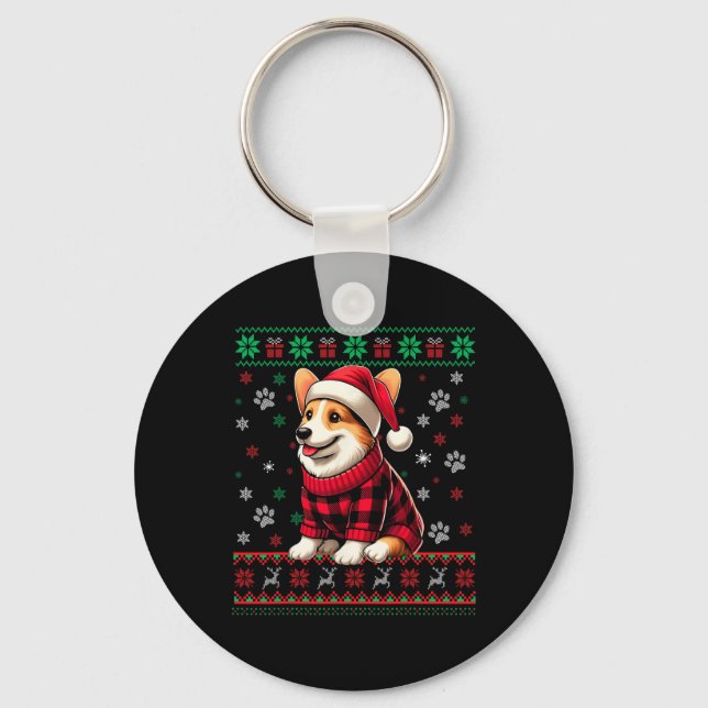 Corgi Ugly Christmas Funny Santa Hat Buffalo Plaid Key Ring (Front)