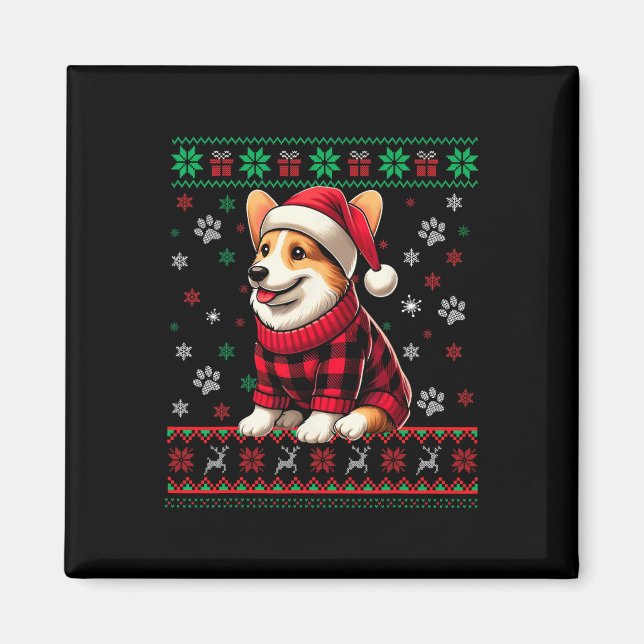 Corgi Ugly Christmas Funny Santa Hat Buffalo Plaid Magnet (Front)