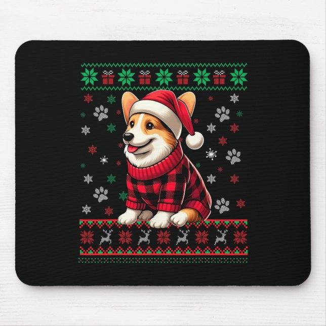 Corgi Ugly Christmas Funny Santa Hat Buffalo Plaid Mouse Mat (Front)