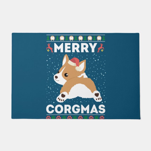 Corgi Ugly Christmas Sweater Style Merry Corgmas Doormat (Front)