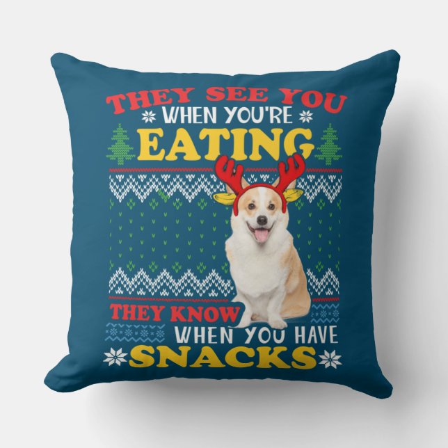 Corgi Ugly Christmas They See You're Eating Xmas Cushion (Front)