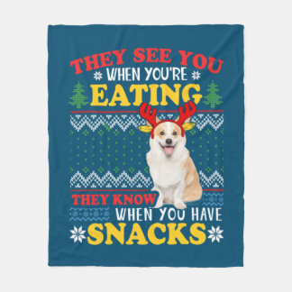 Corgi Ugly Christmas They See You're Eating Xmas Fleece Blanket