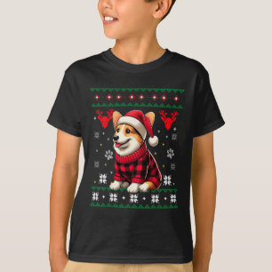 Corgi Ugly Funny Buffalo Plaid Santa Hat Christmas T-Shirt