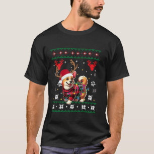 Corgi Ugly Funny Christmas Santa Hat Light Reindee T-Shirt