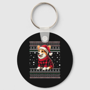 Corgi Ugly Funny Santa Hat Buffalo Plaid Christmas Key Ring
