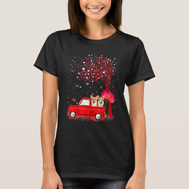 Corgi Valentine's Day  Dogs Red Truck Hearts T-Shirt (Front)