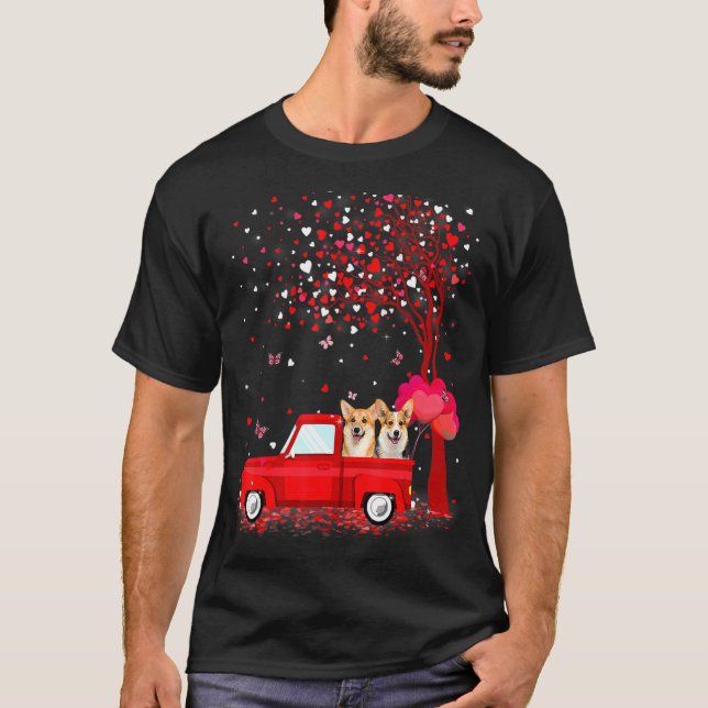 Corgi Valentine's Day Dogs Red Truck Hearts T-Shirt (Front)