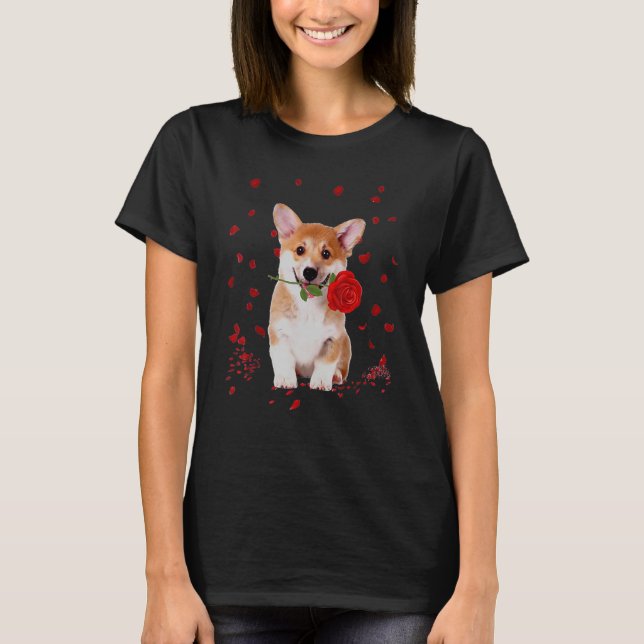 Corgi Valentine's Day Hearts Love Rose Flower T-Shirt (Front)