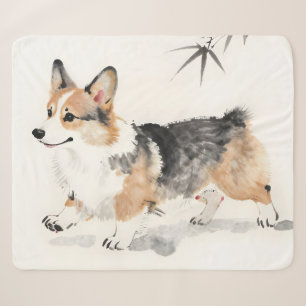 Corgi Watercolor – Whimsical Japanese Ink Dog Art Sherpa Blanket