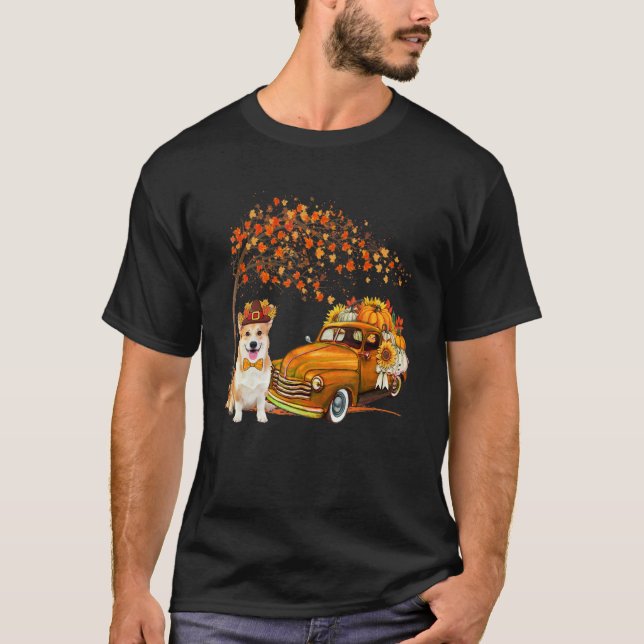 Corgi Wearing Hat Fall Tree Pickup Truck Carrying  T-Shirt (Front)