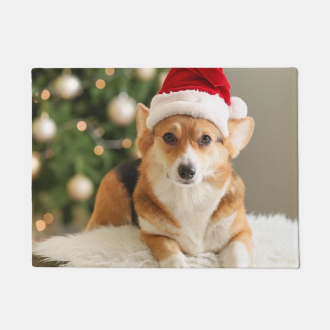 Corgi wearing Santa Hat Doormat (Front)
