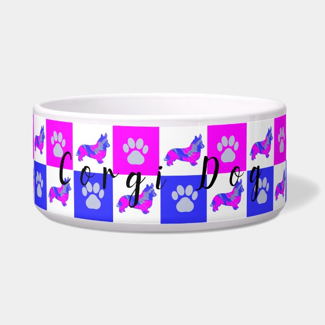 Corgi Welsh Dog & Paw Hot Pink and Blue Pet Bowl (Front)