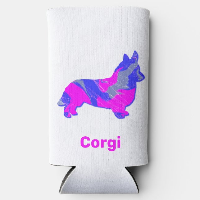 Corgi Welsh Dog Silhouette Hot Pink & Blue Seltzer Can Cooler (Front)